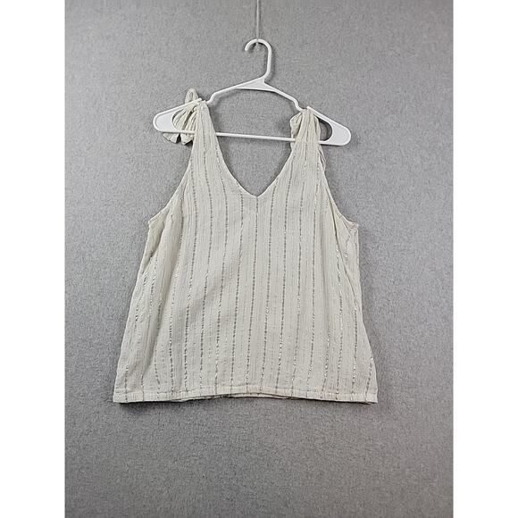 Aerie White Metallic Striped V Neck Tie Shoulder Sheer Tank Top Women XL Stretch - Picture 1 of 11
